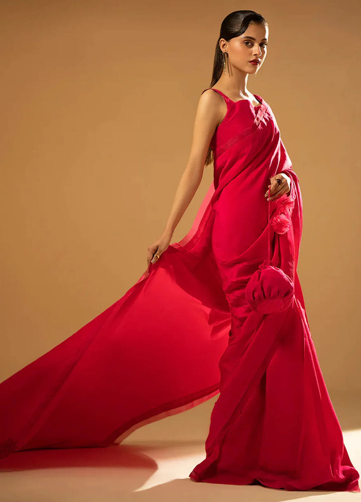 Fozia Khalid Pret Embroidered Raw Silk Saree Fuchsia Finesse