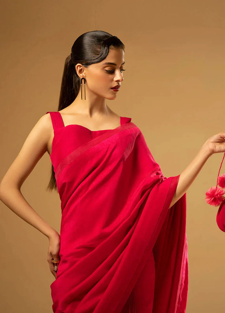 Fozia Khalid Pret Embroidered Raw Silk Saree Fuchsia Finesse