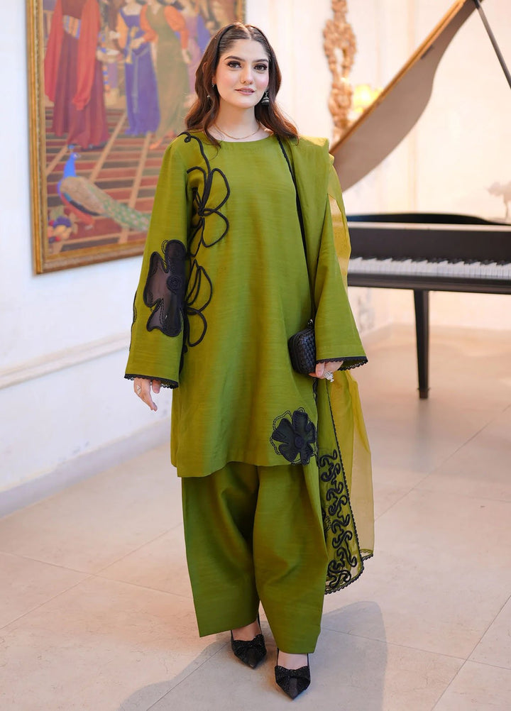 Fozia Khalid Pret Embroidered Silk 3 Piece Suit Olive