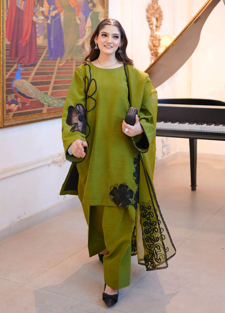 Fozia Khalid Pret Embroidered Silk 3 Piece Suit Olive