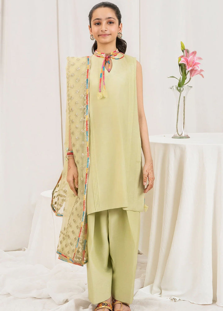 Fozia Khalid Pret Embroidered Silk 3 Piece Suit Pistachio Kids