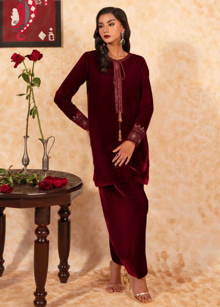 Fozia Khalid Pret Embroidered Velvet 2 Piece Suit Garnet