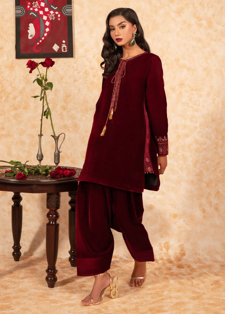 Fozia Khalid Pret Embroidered Velvet 2 Piece Suit Garnet