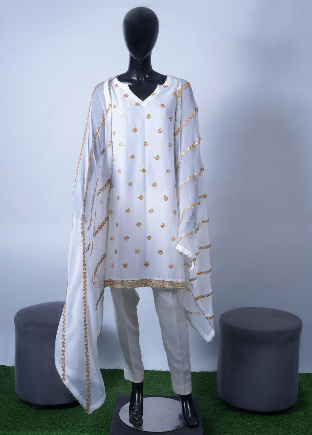 Gold Capsule By Vibgyor Fashion Embroidered Silk Suits Unstitched 3 Piece D1-G23 GOLD LINEA WHITE - Premium Collection