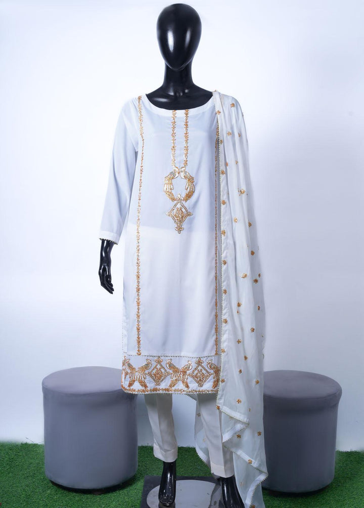 Gold Capsule By Vibgyor Fashion Embroidered Silk Suits Unstitched 3 Piece D3-G23 GOLD PAVONA WHITE - Premium Collection