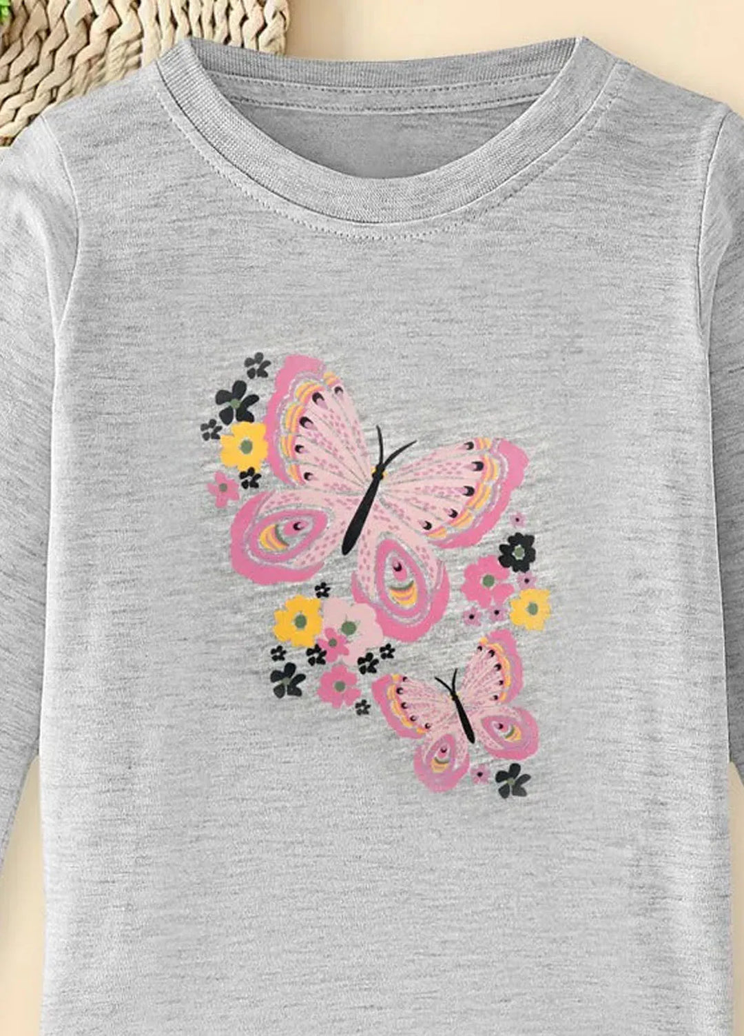Baby Nest Gray Fluttering Butterflies in Bloom Printed Full Sleeves T shirt for Kids - BNDR-58