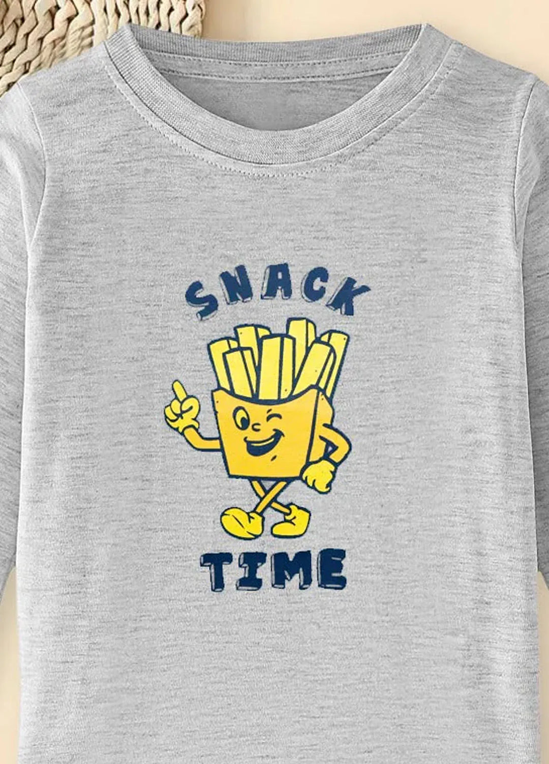 Baby Nest Gray Snack Time with Fries Printed Full Sleeves T shirt for Kids - BNDR-57