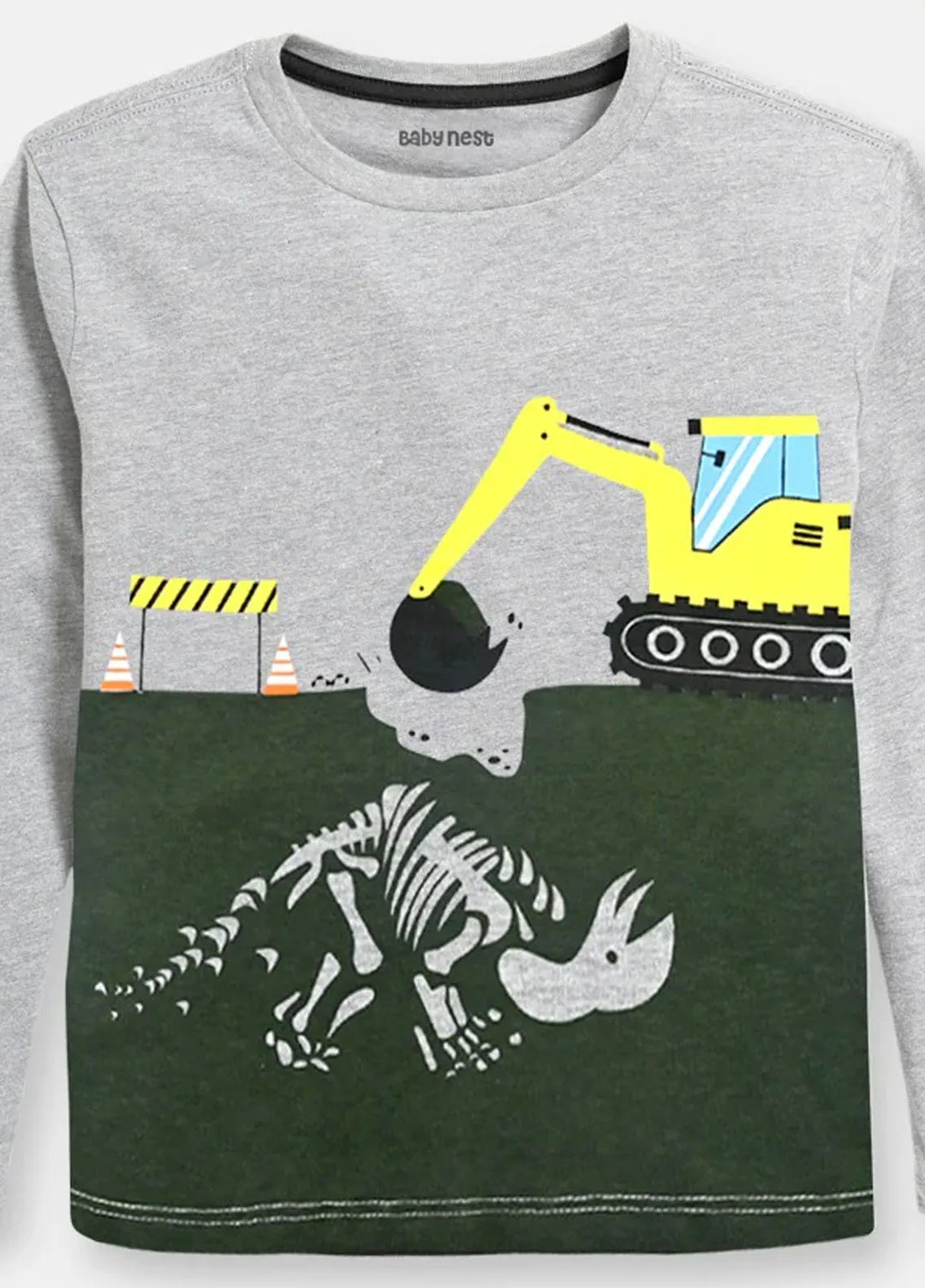 Baby Nest Green And Grey Shovel Machine Printed Full Sleeves T shirt for Boys - SBT-376-GG