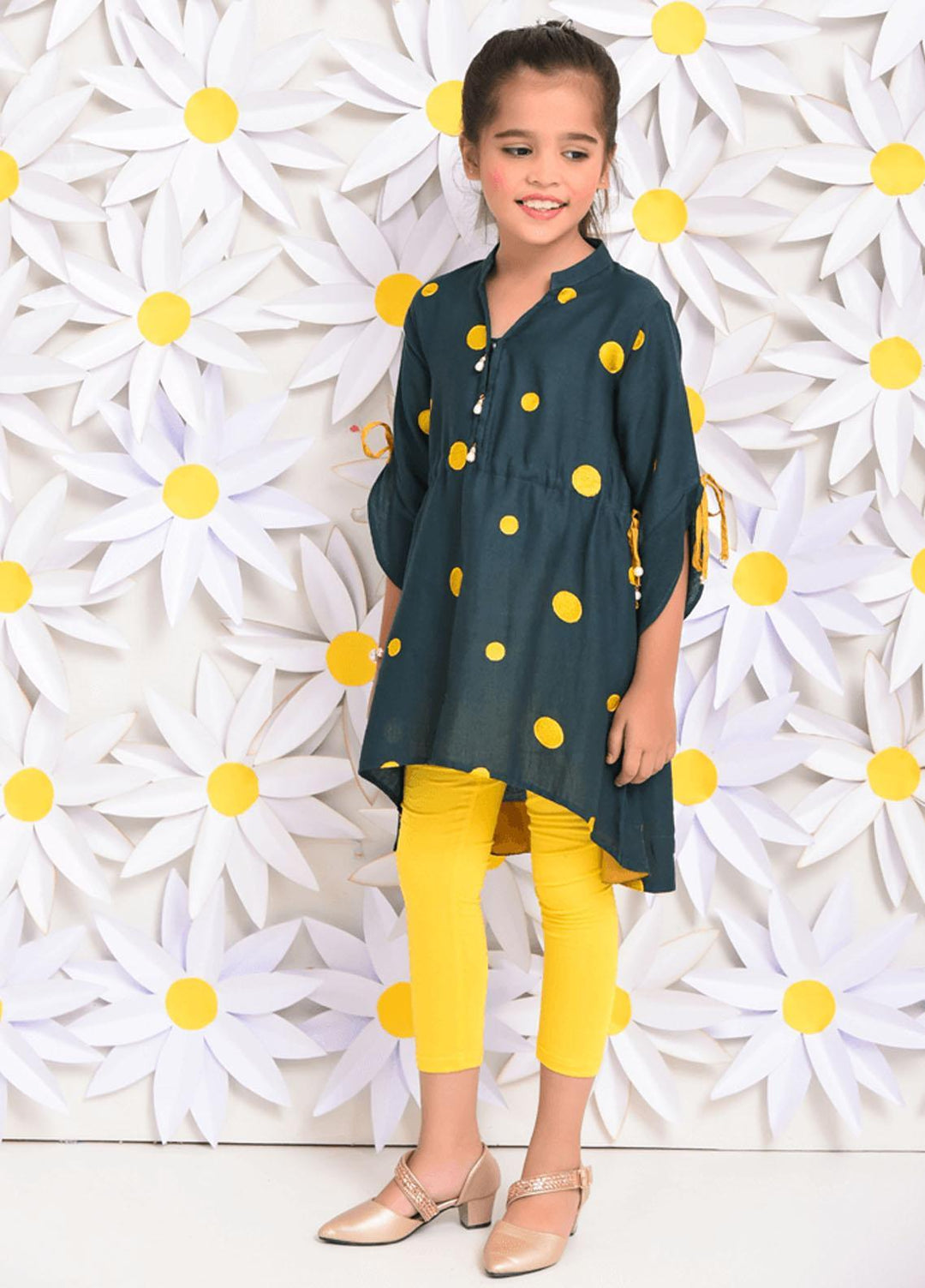 Ochre Top for Girls - Green Crepe Top with Embroidery OWT-276