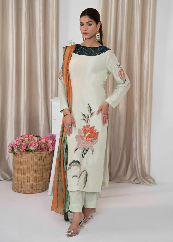 Hadia Batool Pret Embroidered Raw Silk 3 Piece Suit Dania