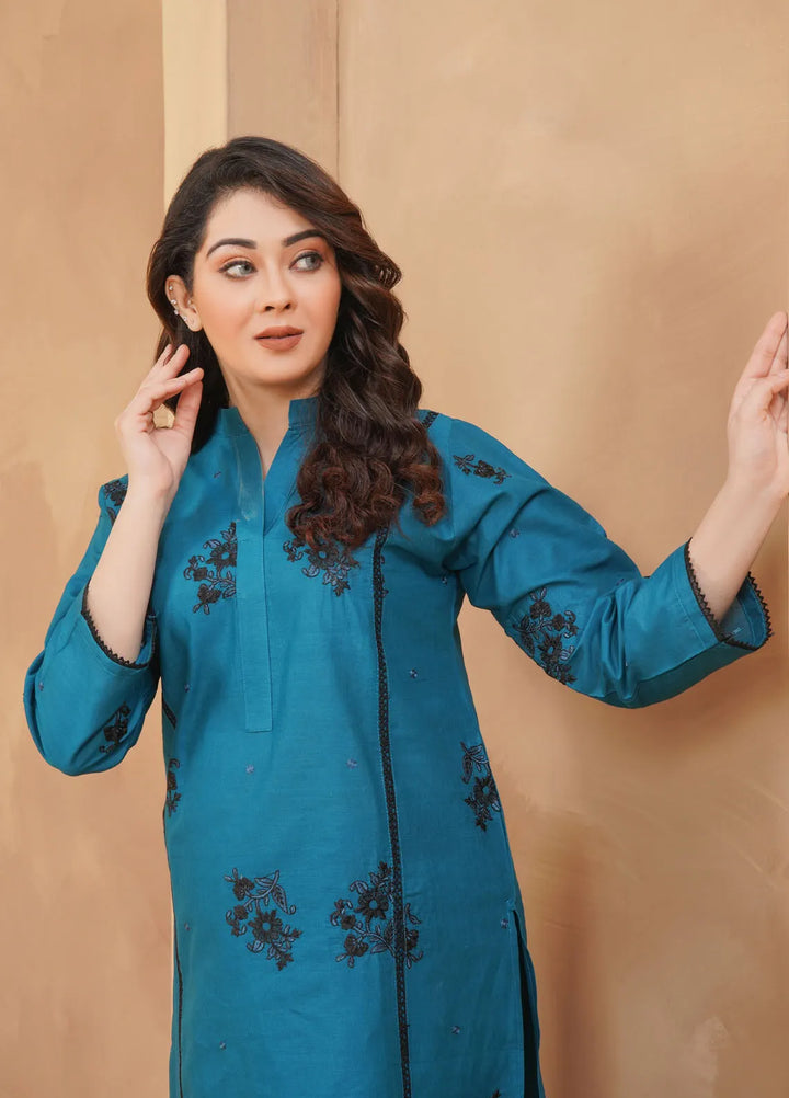 Hareem Fatima Pret Cotton 2 Piece Suit Teal Blossom Embroidered Dress