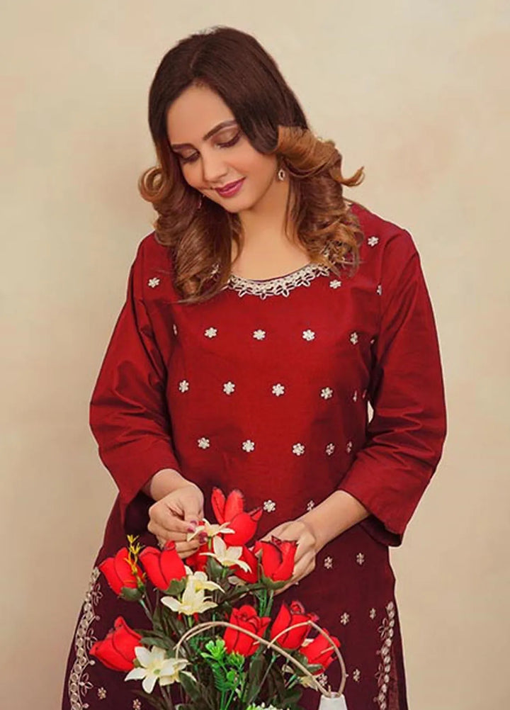 Hareem Fatima Pret Embroidered Cotton 2 Piece Suit Maroon Glam