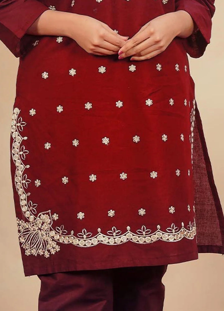 Hareem Fatima Pret Embroidered Cotton 2 Piece Suit Maroon Glam