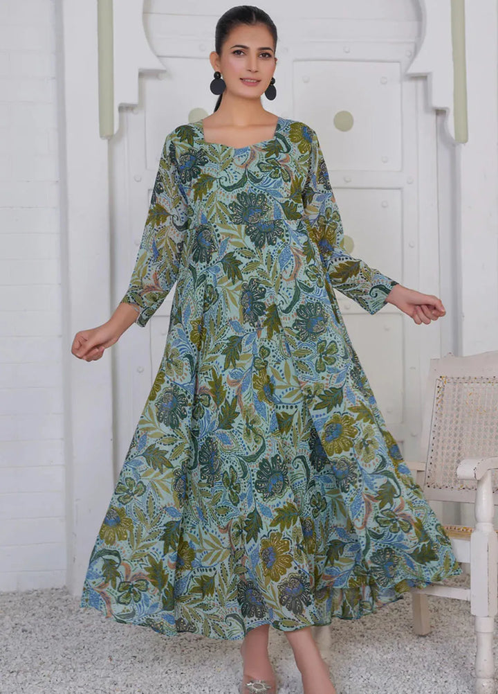 Hareem Fatima Pret Printed Chiffon 1 Piece Green floral Maxi