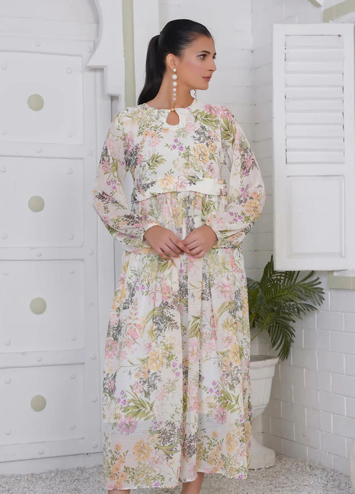 Hareem Fatima Pret Printed Chiffon 1 Piece White Pearl Maxi