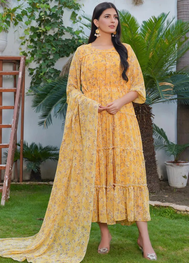 Hareem Fatima Pret Printed Chiffon 2 Piece Yellow Pleats Maxi