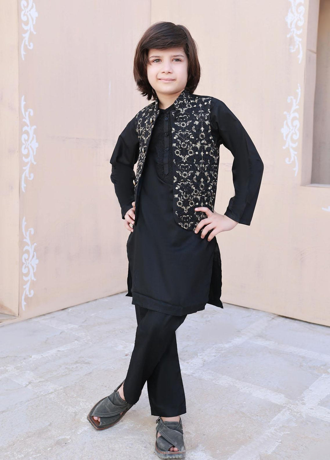 Hassan Jee  Embroidered 3 Piece Suit for Boys -  Black  - V26