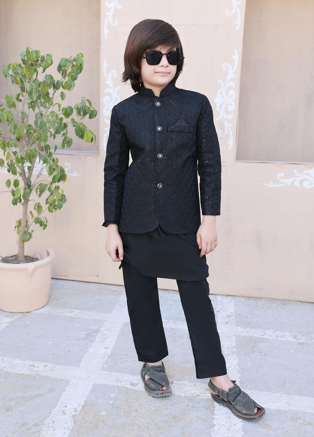Hassan Jee  Formal Prince Coat for Boys -  Black Prince Coat - P1