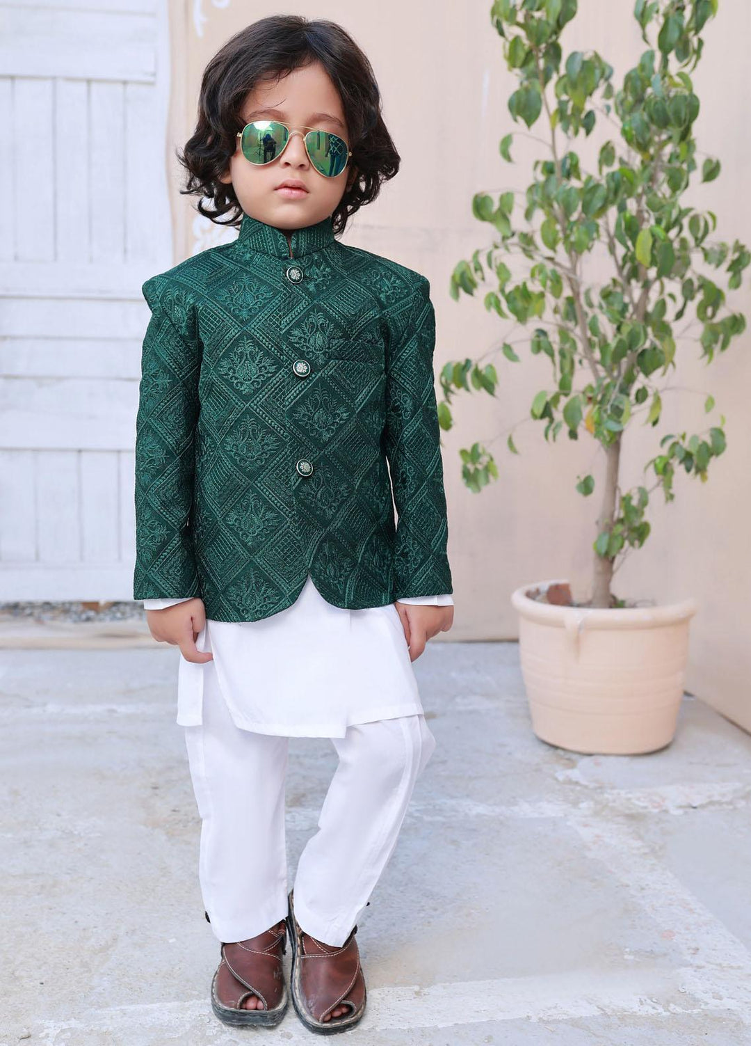 Hassan Jee  Formal Boys Prince Coat -  Dark Green Prince Coat - P6
