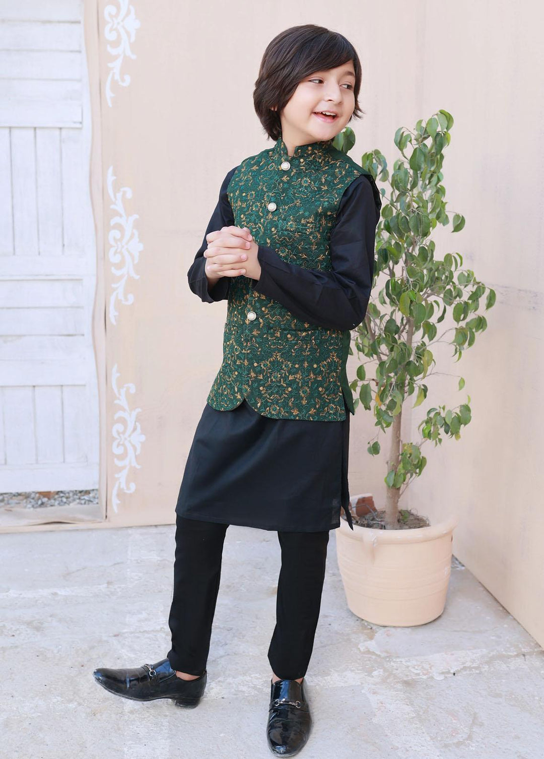 Hassan Jee Embroidered 3 Piece Suit for Boys - Leaf Green - V25