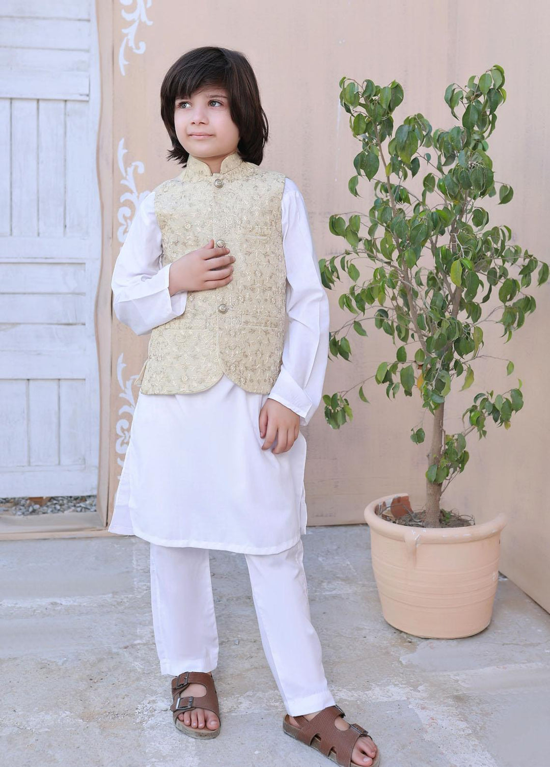 Hassan Jee Embroidered Boys 3 Piece Suit - Off White - V24