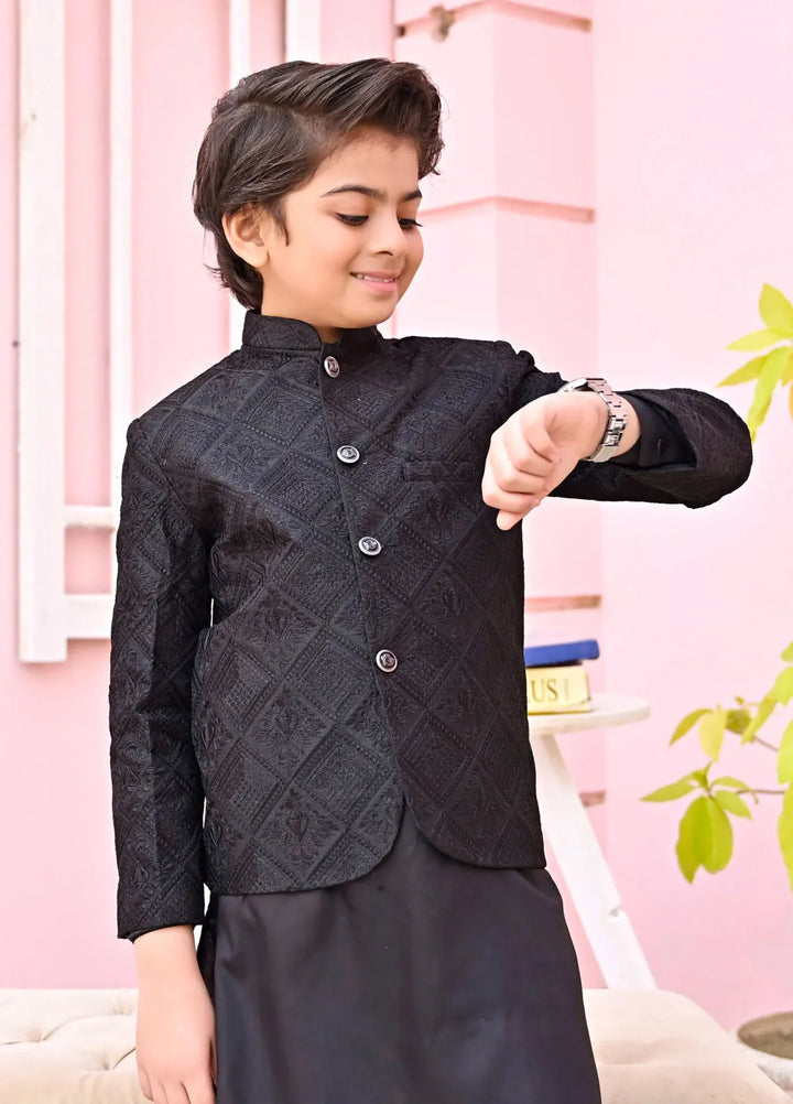 Hassan Jee Boys Formal Raw Silk Black Prince Coat - P10