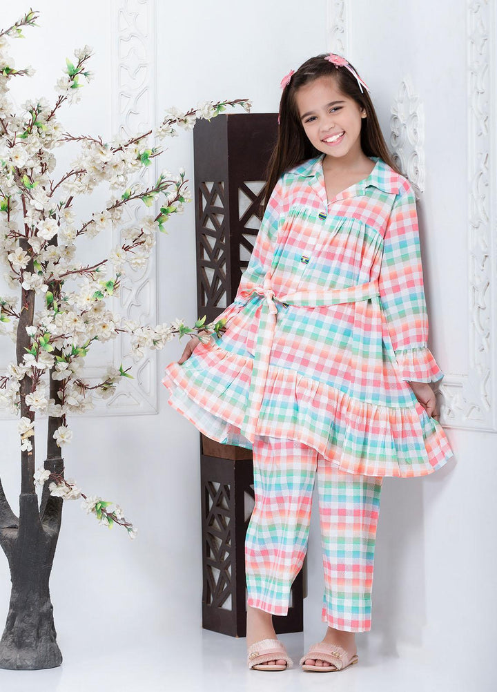 Hiba Clothing Linen  Girls 2 Piece Suit -  HPW-002 NEON CHECK