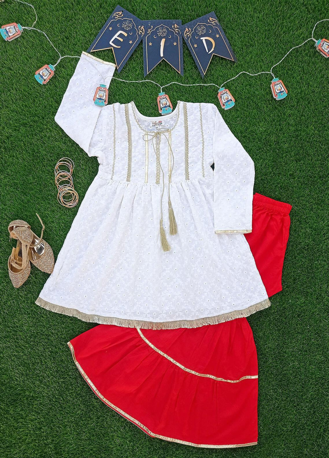 Hiba Clothing Chikankari Fancy Girls 2 Piece Suit -  HME-002 RED & WHITE