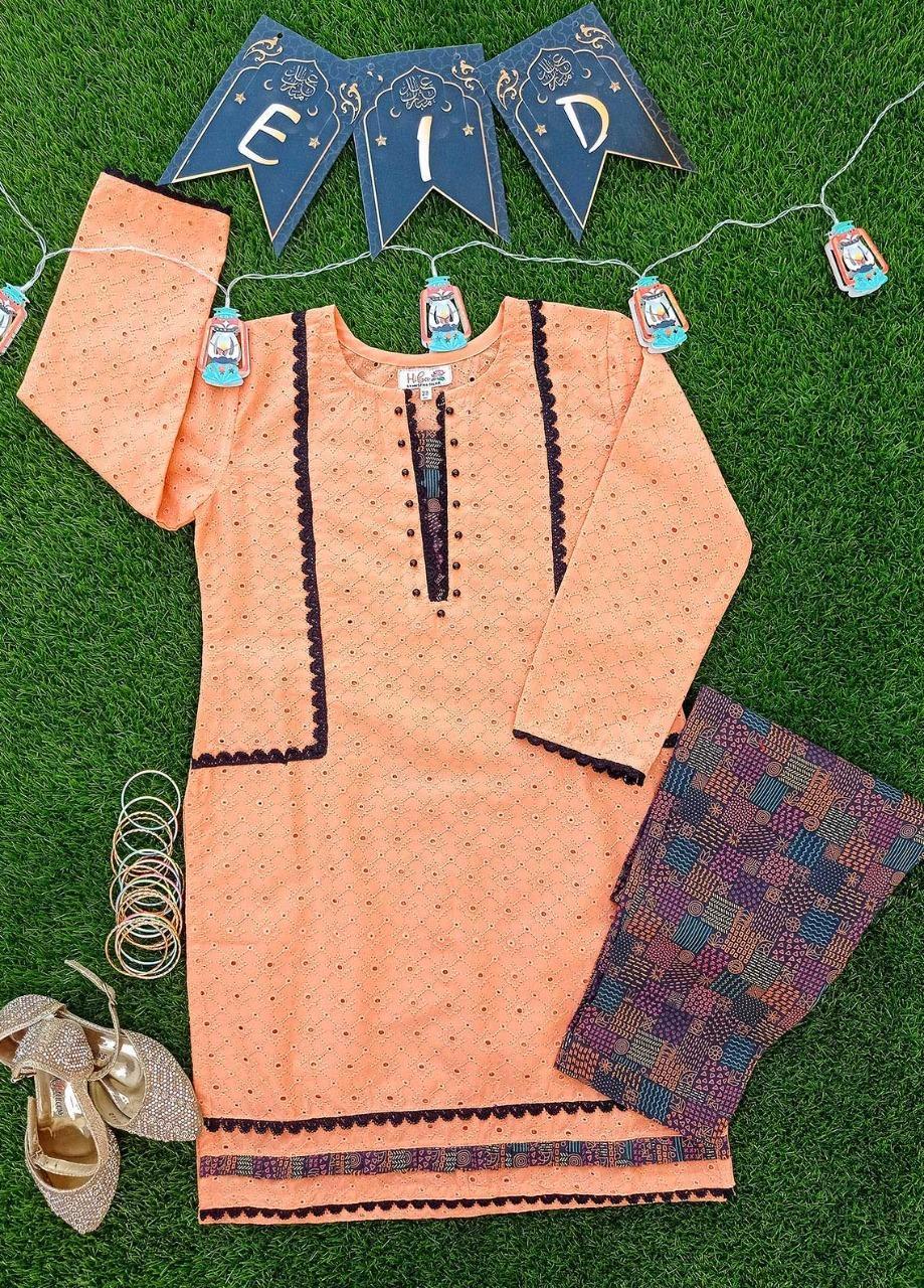 Hiba Clothing Chikankari Fancy 2 Piece Suit for Girls -  HME-003 BLACK & ORANGE