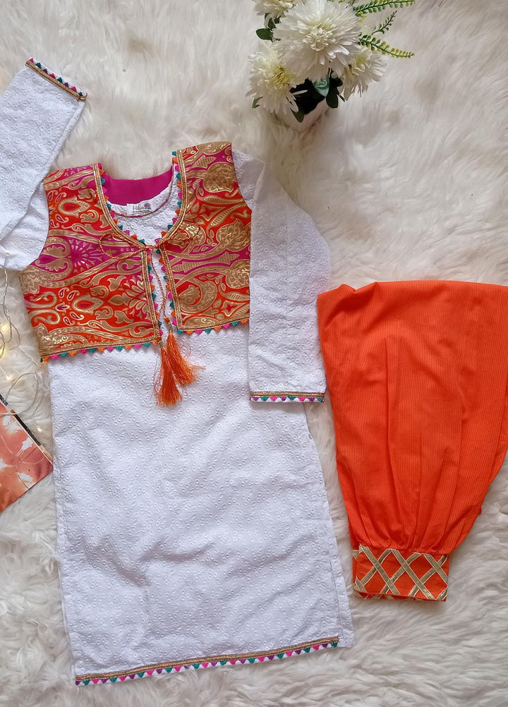 Hiba Clothing Chikankari Fancy Girls 2 Piece Suit -  HEC-006 White Koti