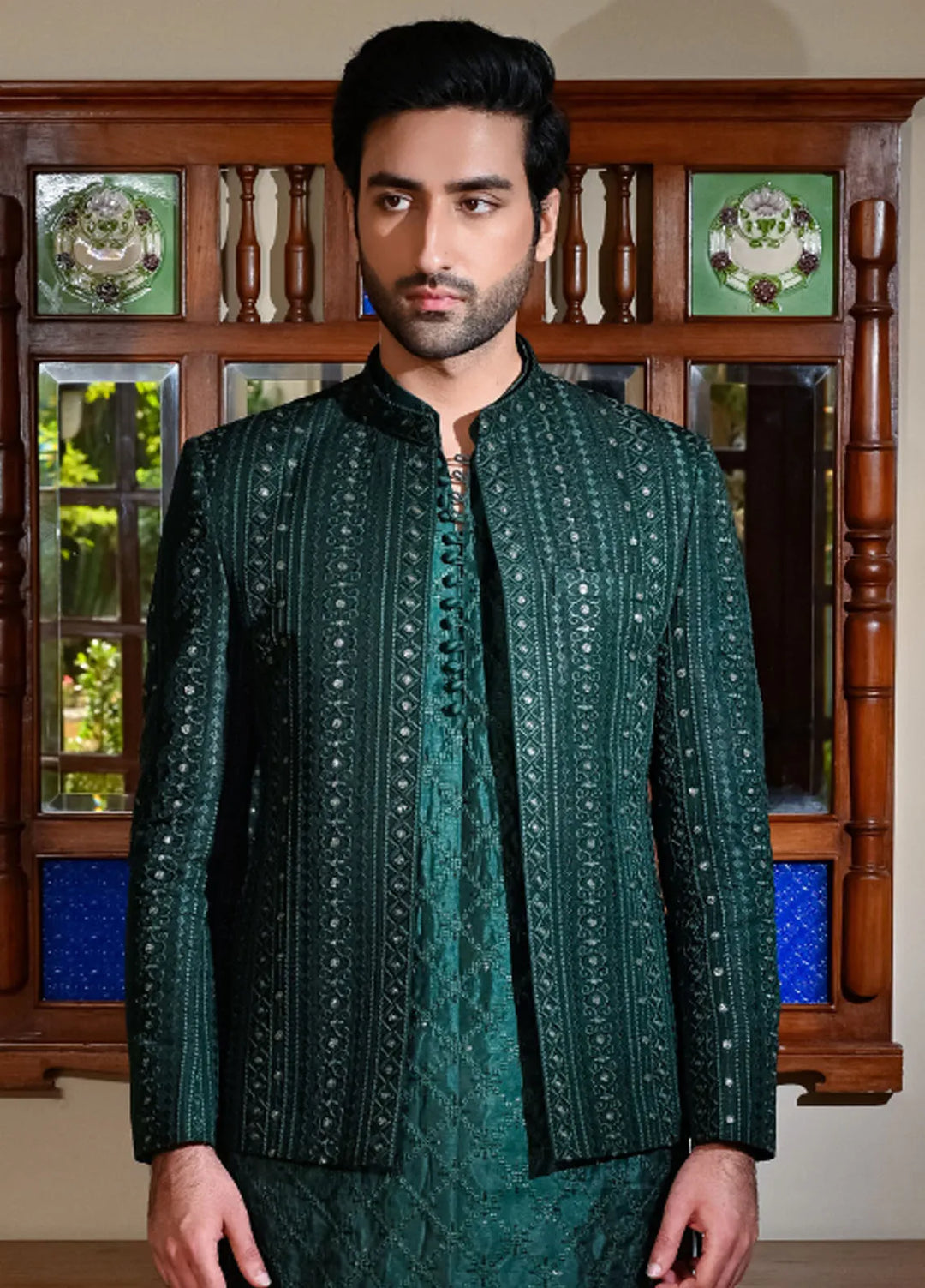HK Fashion Raw Silk Mens - Emerald Green Embroidered Prince Coat