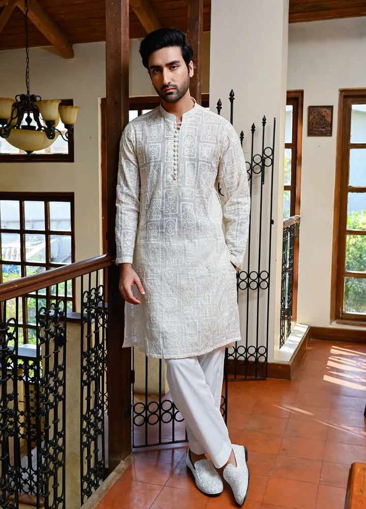 HK Fashion Raw Silk Mens - Off White Emboidered Kurta Trouser