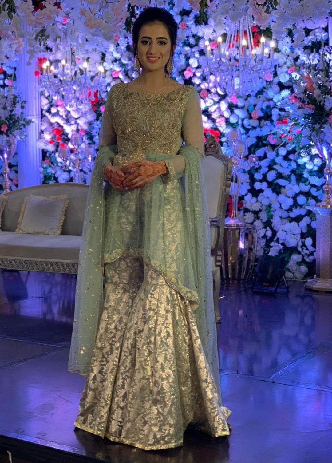 Hues Atelier Pret Embroidered Organza 2 Piece Suit HA23LF Pale Green Gharara Peplum