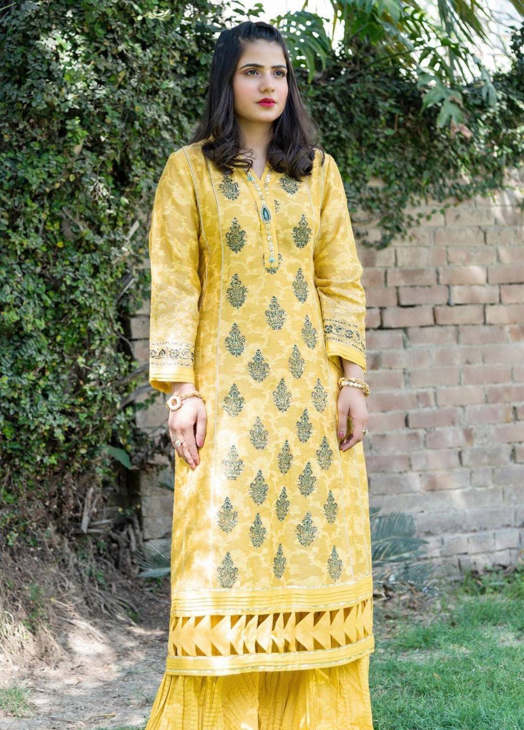 Hues Atelier Pret Embroidered Cotton Net Kurti HA23LP Mustard Harem