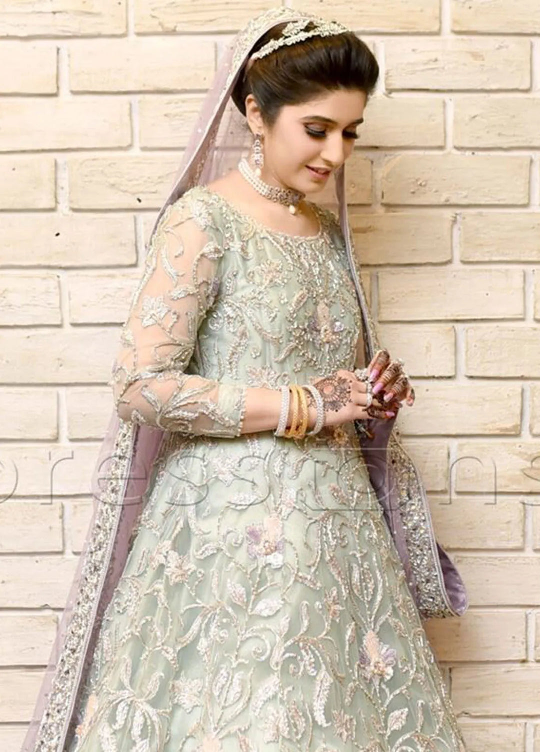 Hues Atelier Pret Embroidered Net 2 Piece Suit Mint Lavender Bridal