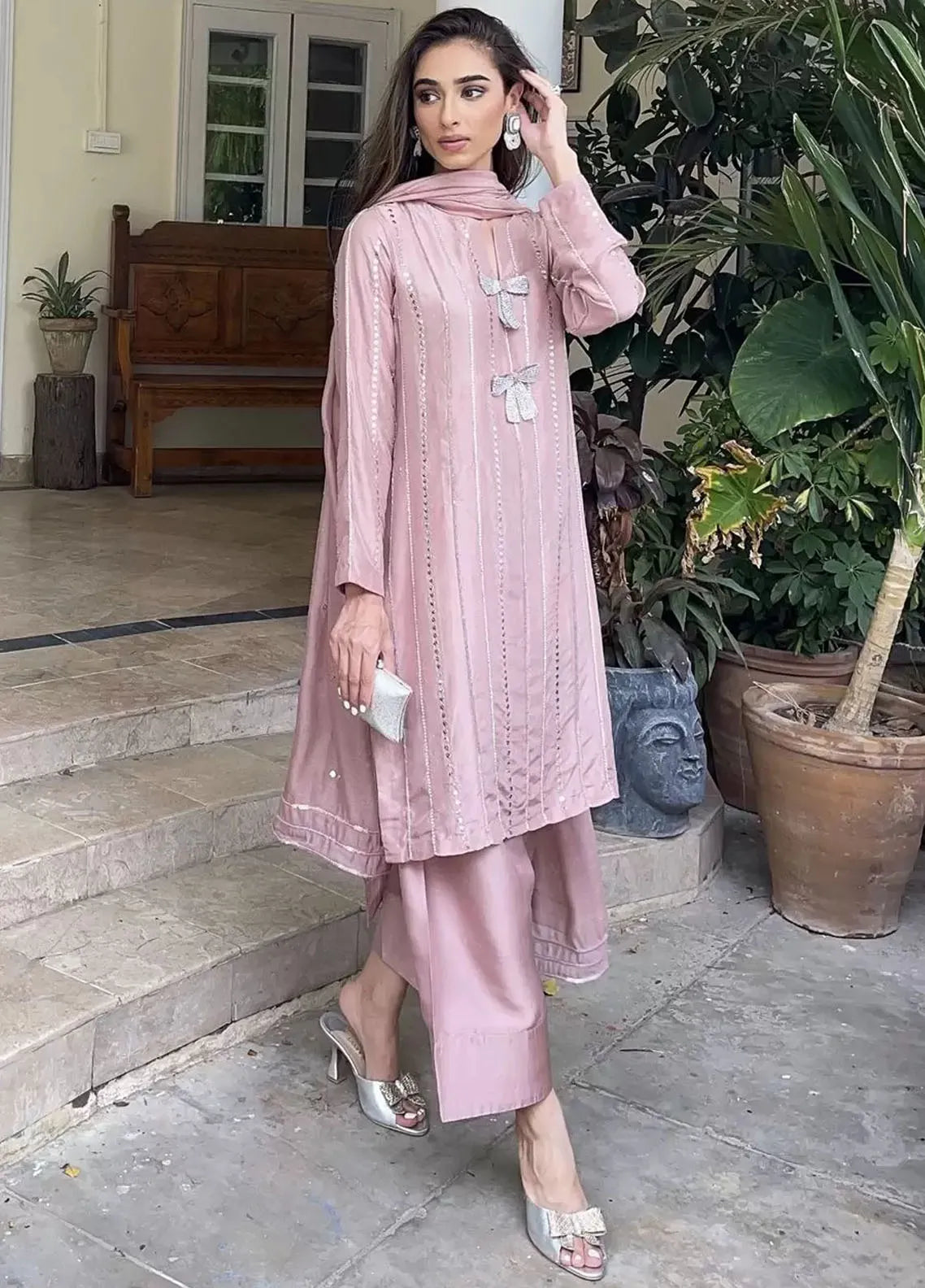 Hues Atelier Pret Embroidered Korean Rawsilk 3 Piece Suit Grey Kamdani