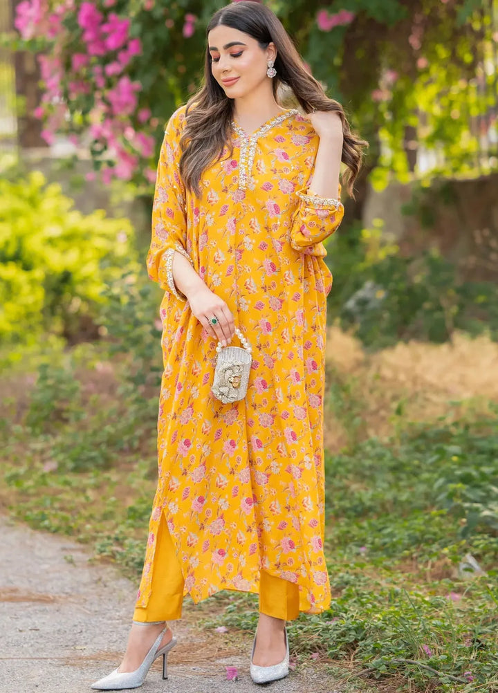 Hues Atelier Pret Printed Grip 2 Piece Suit Mustard Printed kaftan Set