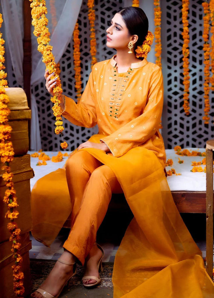 PSK Couture Pret Embroidered Cotton Net 4 Piece Suit PUMPKIN SPICE