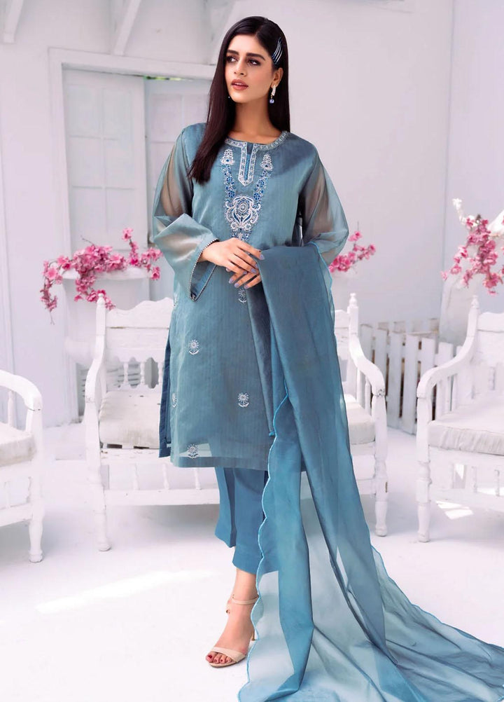 PSK Couture Pret Embroidered Tissue 4 Piece Suit SKY FALL