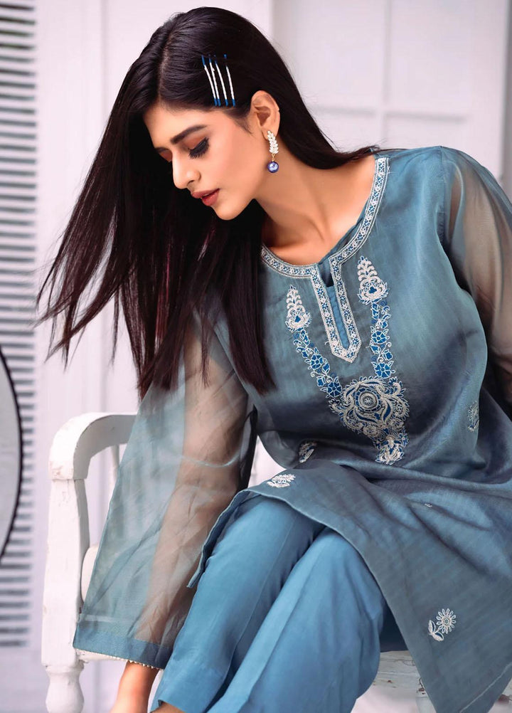 PSK Couture Pret Embroidered Tissue 4 Piece Suit SKY FALL