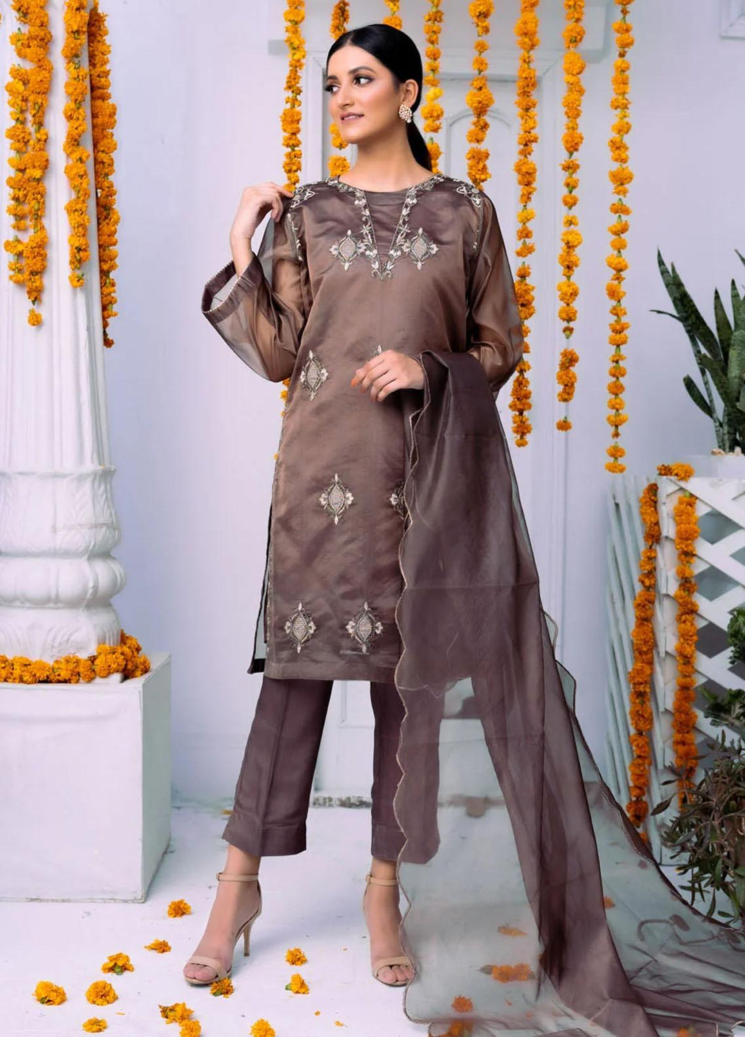 PSK Couture Pret Embroidered Tissue 4 Piece Suit COPPER HAZE