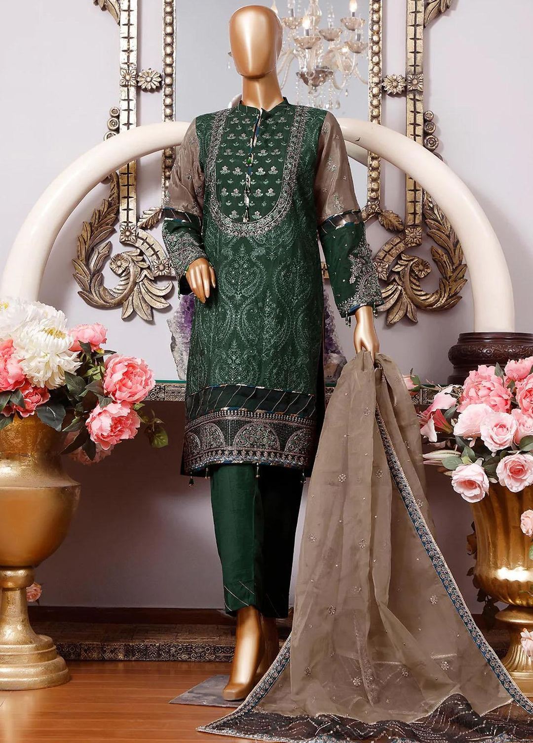HZ Textiles Embroidered Raw Silk Suits Unstitched 3 Piece HZ23MU 02-GREEN - Summer Collection