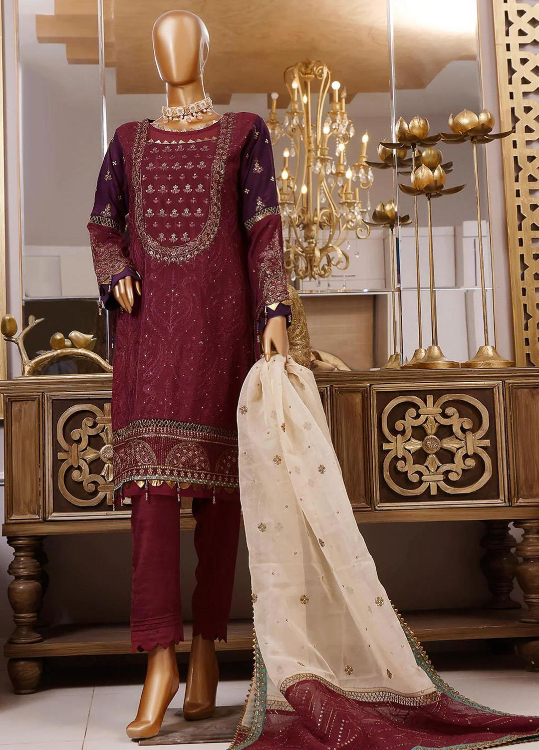 HZ Textiles Embroidered Raw Silk Suits Unstitched 3 Piece HZ23MU 02-MAROON - Summer Collection