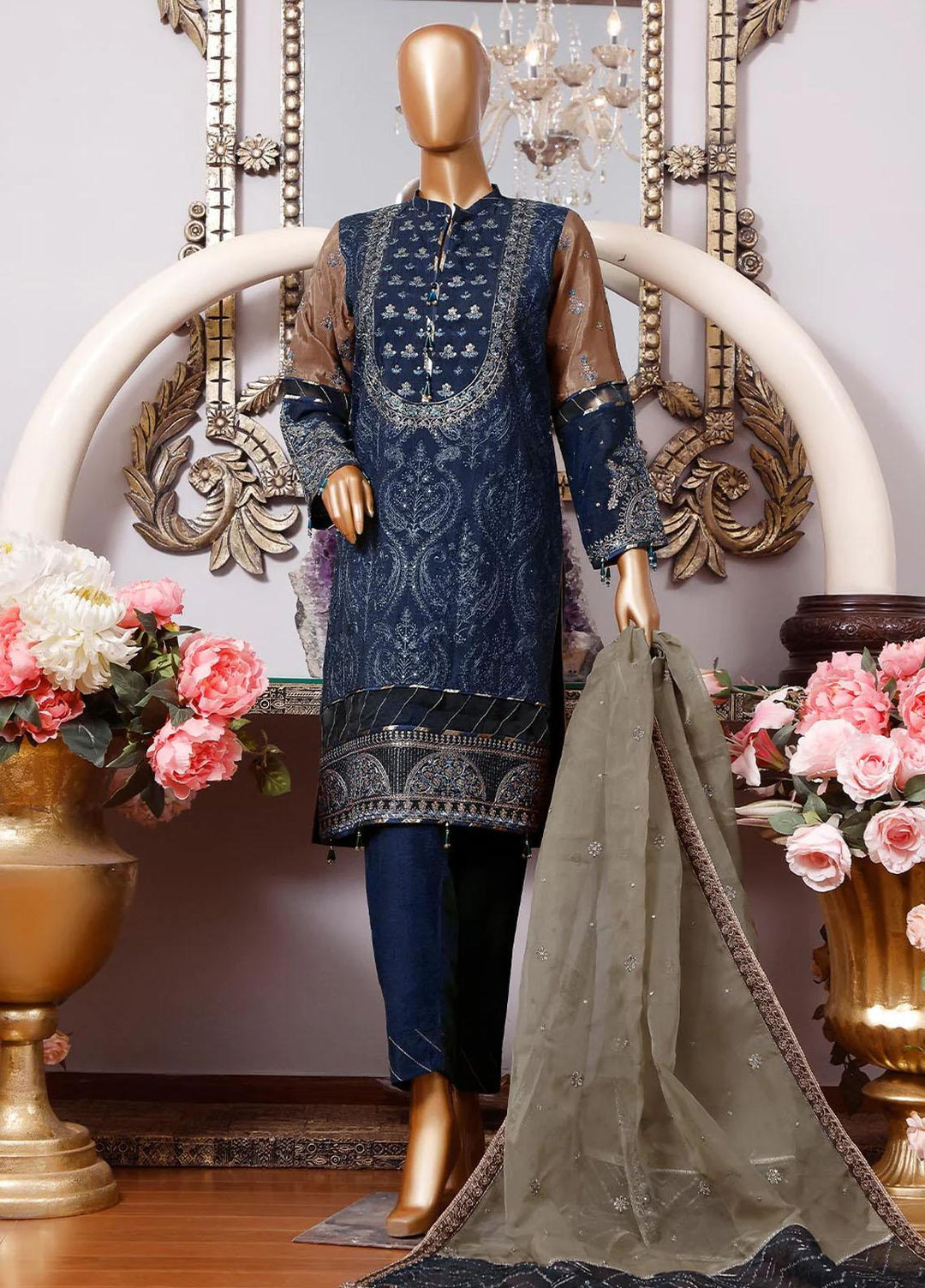 HZ Textiles Embroidered Raw Silk Suits Unstitched 3 Piece HZ23MU 02-NAVY - Summer Collection