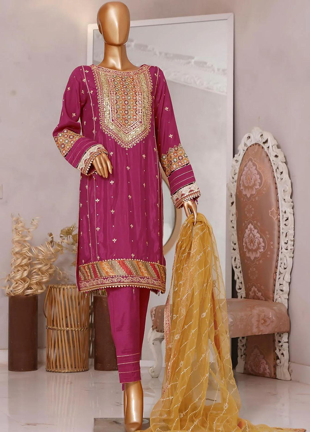 HZ Textiles Embroidered Raw Silk Suits Unstitched 3 Piece HZ23MU 03-PNK - Summer Collection
