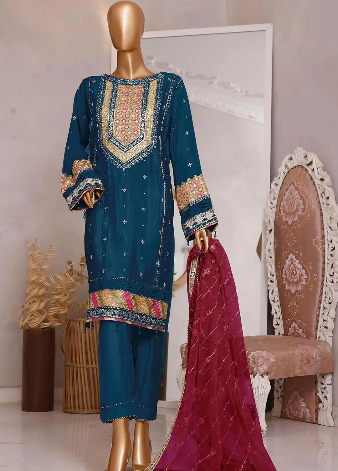 HZ Textiles Embroidered Raw Silk Suits Unstitched 3 Piece HZ23MU 03-TEAL - Summer Collection