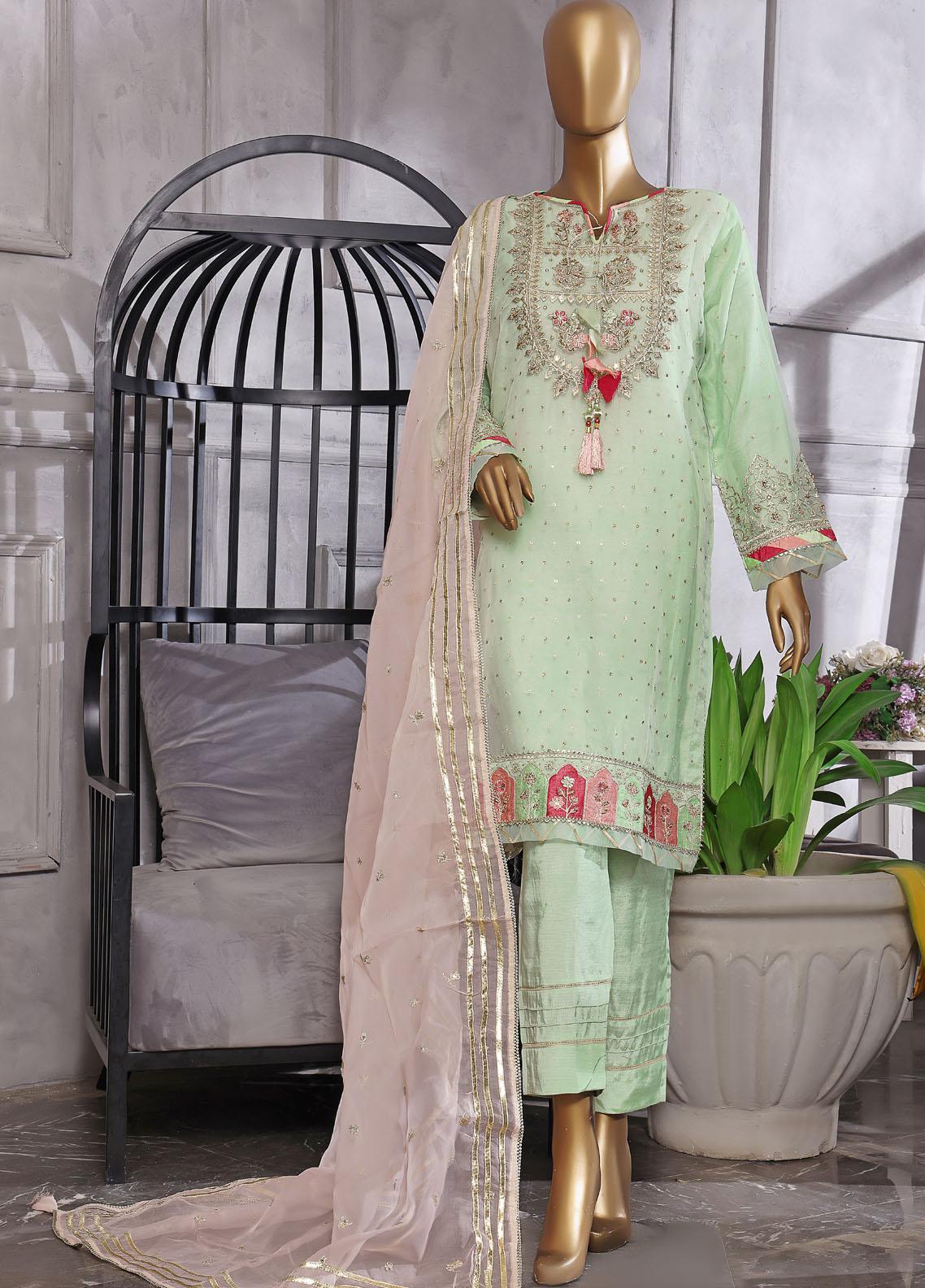Falsafaa by HZ Textiles RTW Embroidered Organza 3 Piece Suit HZ26ULF HZK-235 Green - Festive Collection