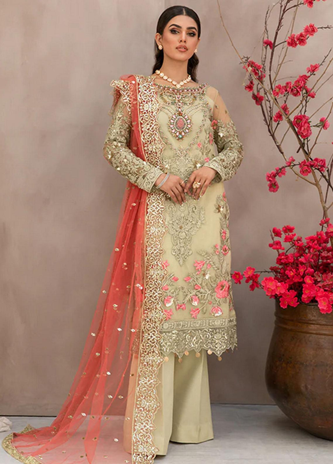 Festive De Verano By Imrozia Embroidered Net Suits Unstitched 3 Piece IMP22B I-154 Poppy Bloom - Luxury Collection