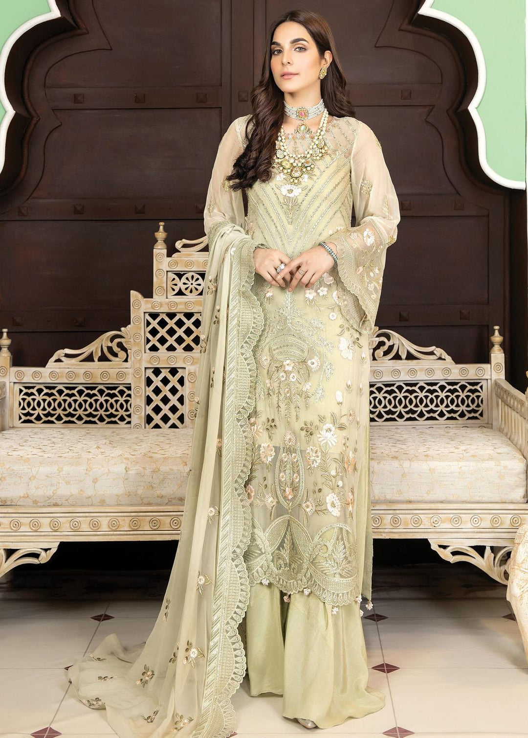 La Bella By Imrozia Premium Embroidered Chiffon Suits Unstitched 3 Piece IMP22B L-234 Pearl - Luxury Collection