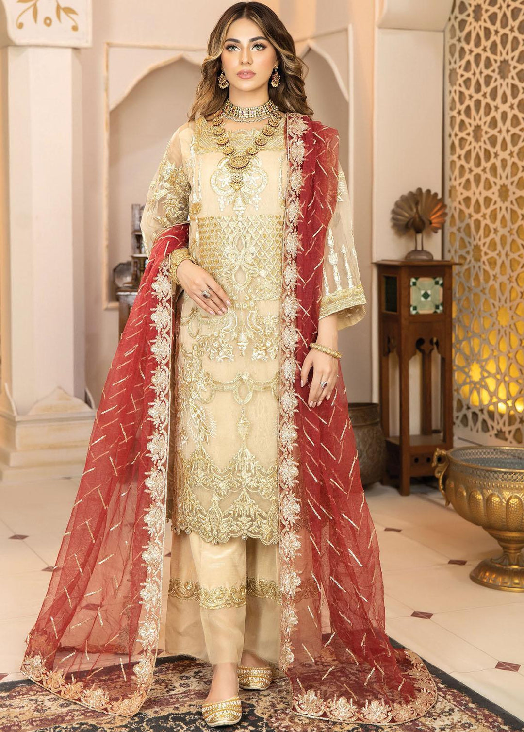 La Bella By Imrozia Premium Embroidered Organza Suits Unstitched 3 Piece IMP22B L-237 Golden Glory - Luxury Collection